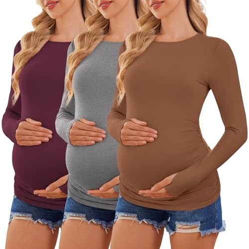 Ekouaer - Camisetas de maternidad de manga larga para mujer, cuello redondo, ropa para el embarazo, tops de entrenamiento con laterales fruncidos, casuales, tallas S-XXL (pack de 3)