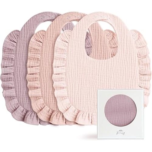Konssy Muslin Baby Bibs for Girls – Soft 100% Cotton Drool Bibs, Ruffle Trim for Newborns & Toddlers 0-36 Months 3-Pack