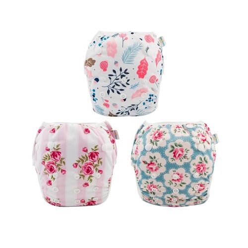 Babygoal Reusable Baby Girl Swim Diapers 3 Pack - Adjustable Washable for 0-8 Months Infants - Ideal for Swimming Lessons - Flower Design