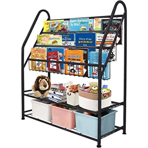 aboxoo Metal Kids Bookshelf Black Large Freestanding for Children Room 32 in Toy Organizer Large Stable Bookcase Bookstore Library Book Unit Storage Kids Bed Living Room