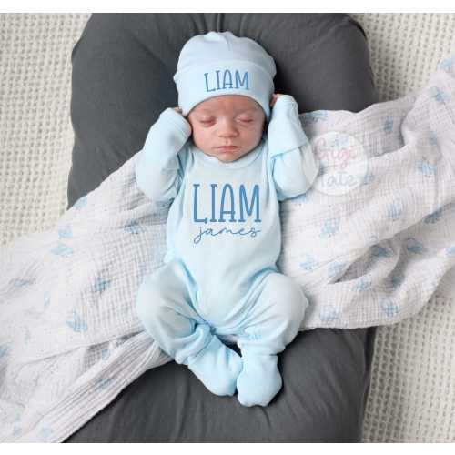 Personalized Newborn Boy Coming Home Outfit: Baby Boy Blue Romper & Hat