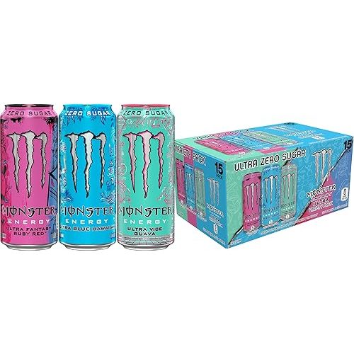 Monster Energy Ultra Variety Pack, Blue Hawaiian, Ultra Vice Guava, Ultra Fantasy Ruby Red, Sugar Free Energy Drink, 16 Ounce (Pack of 15)