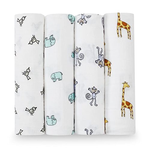 aden + anais Boutique Muslin Swaddle Blanket for Baby Girls and Boys, Newborn Receiving Blanket for Swaddling, 100% Muslin Cotton Swaddle Wrap, 4 Pack, Jungle Jam