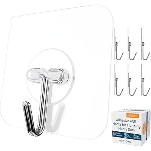 GLUIT Adhesive Wall Hooks for Hanging Heavy Duty 22 lbs Hooks for Walls No Damage, Towel Sticky Clear Hook, Waterproof, Home, Bathroom, Kitchen, Office, and Outdoor 6 Pack