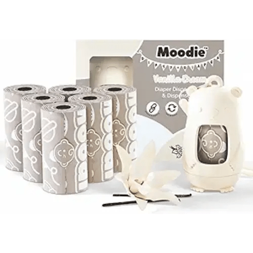 Moodie Disposable Diaper Bags Dispenser COMBO PACK | 105 VANILLA SCENTED Baby Poop Bags TOTAL | Dirty Diaper Trash Bags | Diaper Bags Disposable (VANILLA DREAM)