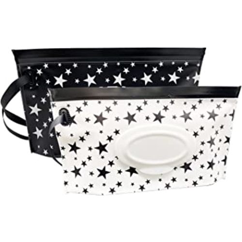 Portable Refillable Wet Wipe Pouch, Reusable Travel Wipes Holder & Case, Lightweight Flushable Diaper Wipes Container for Baby (Black & White Star)