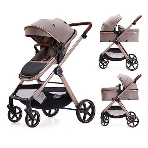 2 in 1 Baby Stroller, Newborn Infant Toddler Convertible Pram Stroller for 0-36 Months Old Babies (Beige)