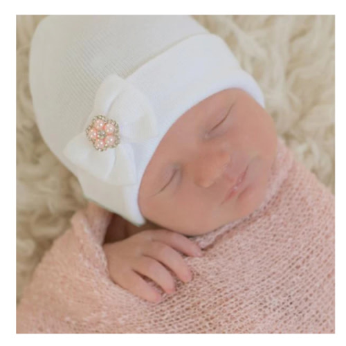 ilybean Teeny White Jewel Bow Newborn Girl Hospital Hat - White Hospit - ilybean nursery beanies