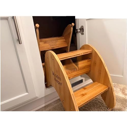 Hidden Helper Montessori Step Stool for Toddlers, Foldable Toddler Two Step Stool for Bathroom Sink & Kitchen Helper, Wooden Folding Stool for Kids Ages 2-5, Bamboo