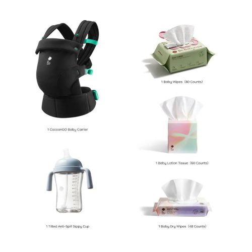 Bc Babycare Baby Shower Gift Set Soft Carrier, Wipes Essentials and Sippy Cup, From Newborn to Toddler Black Carrier & Blue Cup