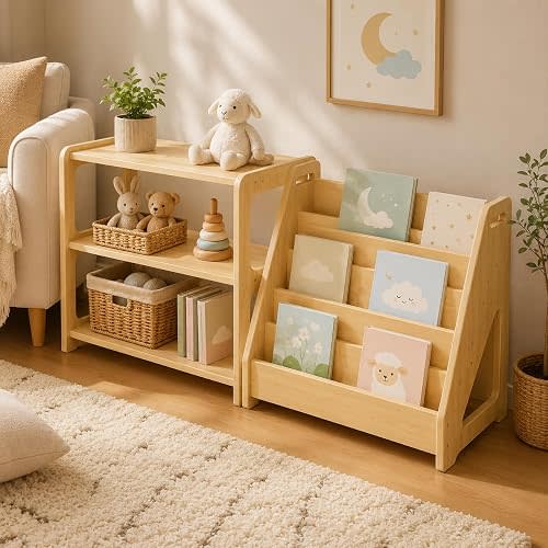Montessori Kids Shelf and Book Display Rack 2 Piece Wooden Storage Station