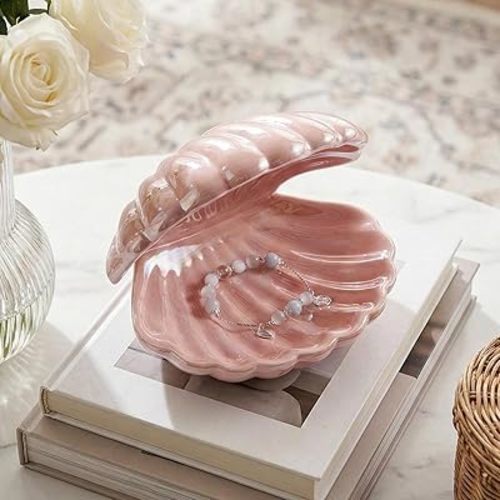 Denique Shell Jewelry Dish Tray, Ceramic Trinket Tray Clamshell Jewelry Storage Dish, Ring Holder Dish Key Bowl, Decorative Jewelry Plate, Cute Jewelry Organizer for Room Decor (Pink)