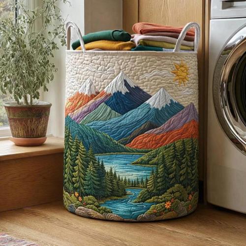 Mountain Landscape Quilted Laundry Basket, Foldable Storage Bin, Scenic Home Decor Organizer, Bedroom Nursery Basket, Gift Idea