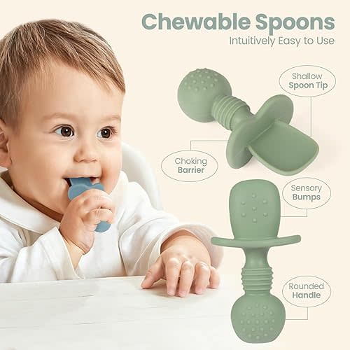 Eascrozn Silicone Baby Feeding Set, 2 Pack Divided Baby Plates with Suction, 2 Pack Spoons and Forks Set, BPA Free, Baby Led Weaning Supplies for Toddler Utensils Baby Feeding Essentials