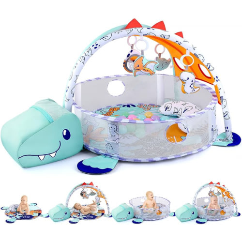 PLAY 4-in-1 Baby Play Mat - Dinosaur Baby Gyms & Playmats Tummy Time Mat Washable, Baby Activity Center with 4 Sensory Toys & 1 Soft Pillow, Develop Motor Skills Gift for Newborn Toddler - Multi