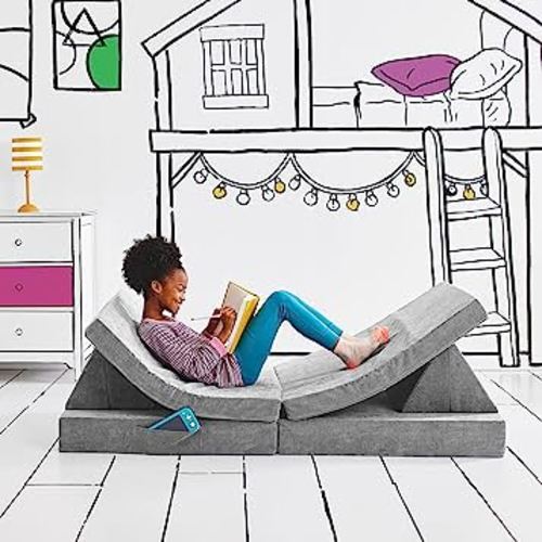 Yourigami Kids and Toddler Play Couch, Convertible Folding Sofa, Durable Foam Modular Design, Mountain Gray
