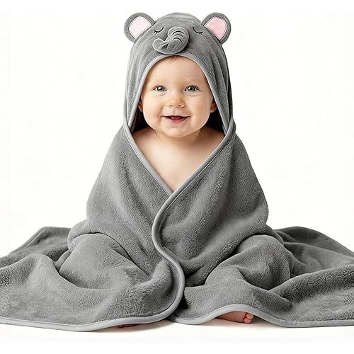 Ultra Soft Hooded Baby Bath Towel, Baby Towels Newborn, Baby Bath Towels Wrap, Blanket for Baby, Hooded Bath Towels for Boy and Girl, Baby Essentials & Baby Gifts 31.5"×31.5", Grey Elephant