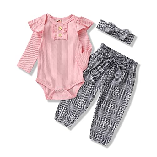 Newborn Baby Girls Clothes Ribbed Ruffled Romper+Floral Pants+Headband Infant Outfit Set