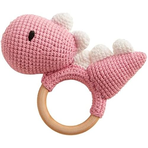 Chippi & Co Wooden Crochet Baby Rattle, Crochet Toys Stuffed Animals Easter Gifts for Kids, Newborn Toys, Unique Easter Basket Stuffers, Basket Filler, Cute Baby Shower Decor (Didi The Pink Dinosaur)