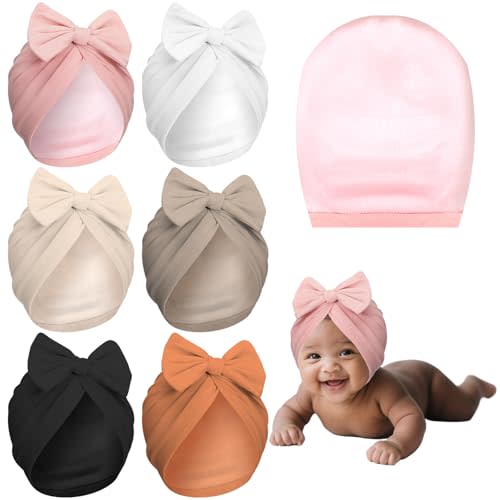 Bunnycool 6 Pcs Newborn Satin Bonnet for 0-6 Months Silky Satin Lined Stretchy Baby Turban Hats with Bow for Infant Toddler