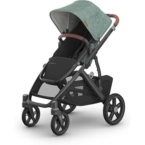 UPPAbaby Vista V3 Stroller - Full-Size Single-to-Double Stroller System - Toddler Seat, Bug Shield, Rain Shield, and Storage Bag Included - Gwen (Green Mélange/Carbon Frame/Saddle Leather)