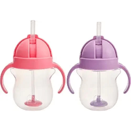 Munchkin Any Angle Sippy Cups for Toddlers, Spill Proof Weighted Straw Cup with Transition Handles for Babies 6 Months and Up, 7 Ounce, 2 Pack, Pink/Purple