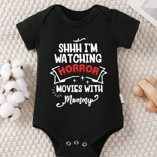 Baby jumpsuit I am watching a horror movie with my mom, featuring letter pattern printing, trendy and versatile casual round neck triangle jumpsuit, Perfect for Outdoor