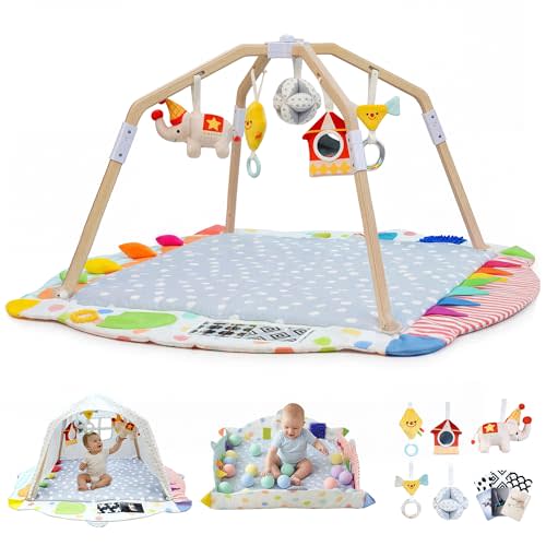 Kizfarm Baby Play Gym Mat, 5 Developmental Zones Wooden Tummy Time Mat, Baby Activity Mat with 5 Detachable Sensory Toys, Stage-Based Development from Newborn Infant, Baby Essentials Shower Gift
