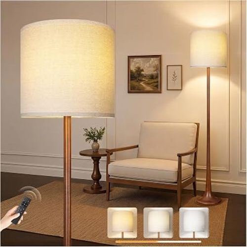 Scenekoy 65” Tall Solid Wood Modern Floor Lamp w/Remote, Stepless Dimmable