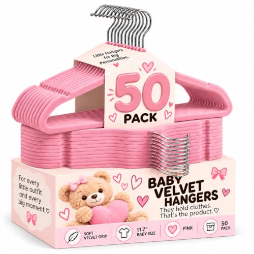 50 Premium Baby Velvet Hangers - 11.8 Inches Non-Slip & Ultra-Slim Baby Hangers for Space-Saving & Children Clothes - 360 Swivel Hook, Strong & Durable Infant & Toddler Clothes Hanger - Pink