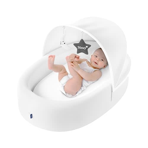 Biliboo Premium Portable Baby Lounger Nest – Foldable Travel Bassinet for Newborn & Infant with Mesh Canopy, 2 Toys, Waterproof Mattress & Removable Cover – White