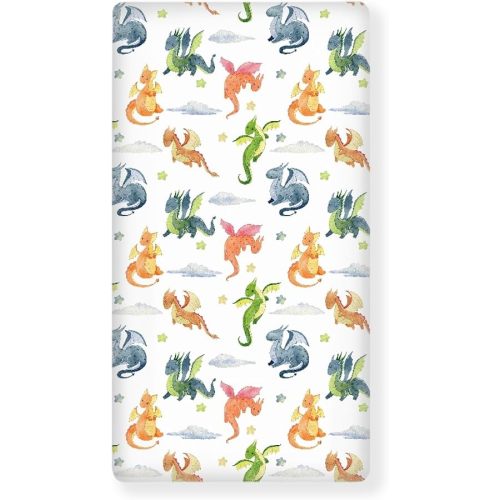 Fairytale Dragons Fitted Crib Sheet for Boys Girls Watercolor Cute Dragon Baby Sheet for Standard Crib and Toddler Clouds and Stars Nursery Bed Mattress Sheets 28"x52"