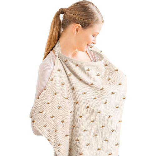 Konssy Muslin Nursing Cover for Baby Breastfeeding, Breathable 100% Cotton Breastfeeding Cover with Rigid Hoop for Mother Nursing Apron, Multi-use Carseat Canopy (Sun)