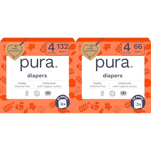 Pura Sensitive Skin Baby Diapers | Size 4 (18-31 lbs) | Bulk, Hypoallergenic, Totally Chlorine Free, Fragrance Free, | 9 Packs of 22 (198 Diapers)