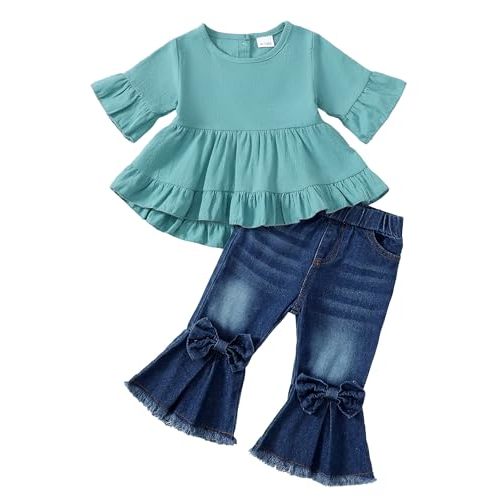 Kucnuzki Toddler Baby Girls Clothes Long Sleeve Shirt Top Flare Denim Jeans Cute Outfit Baby Girl Fall Winter Clothes