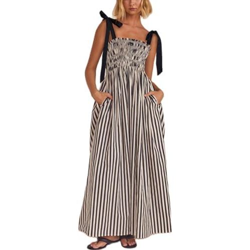Women Summer Colorful Striped Maxi Cami Dress Spaghetti Strap Boho Long Flowy Sun Dresses A Line Beach Sundresses