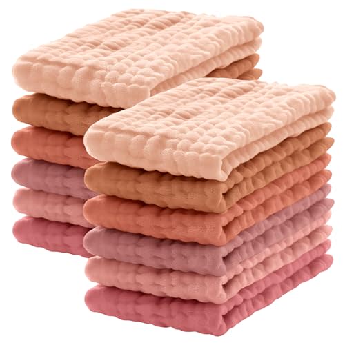 12 Pack Muslin Burp Cloths 100% Cotton Muslin Cloths Large 20''x10'' Extra Soft and Absorbent Baby Burping Cloth - Warm Clay