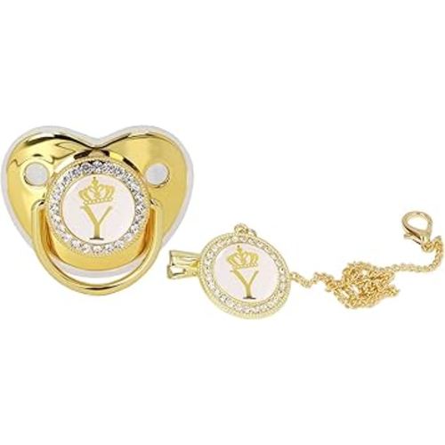 Golden Letter Baby Pacifier, Personalized Bling Pacifier with Pacifier Clips and Anti-Dust Cover for Baby Shower Newborn Birthday Photography (Y)