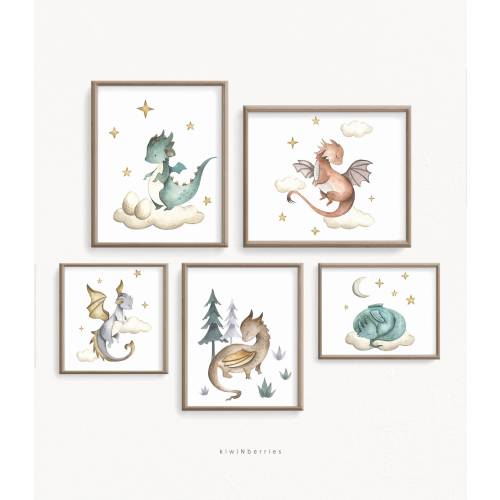 Nursery Printable Art Set, DIY Nursery Decor, Dragon Prints, Mythical Creatures, Emerald Green Nursery Decor, Baby Dragons,Gray Forest Stars