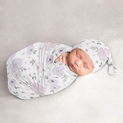 Sweet Jojo Designs Watercolor Floral Baby Girl Cocoon and Beanie Hat 2pc Set Jersey Stretch Knit Sleeping Bag for Infant Newborn Nursery Sleep Wrap Sack - Lavender Purple Pink Grey Shabby Chic Flower