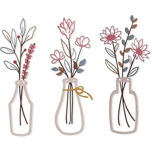 flangairy 3 Piece Metal Flower Wall Art, 13×5.4 Inch Pink Wrought Iron Wall Vases for Floral Sculptures Decor, Bathroom Bedroom Kitchen Dining Room Minimalist Decorations