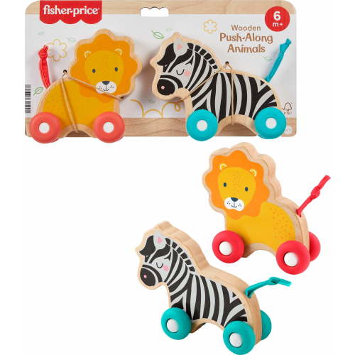 Fisher-Price Wooden Push Along Animals, Lion & Zebra Toy Vehicles for Infant Crawling Play