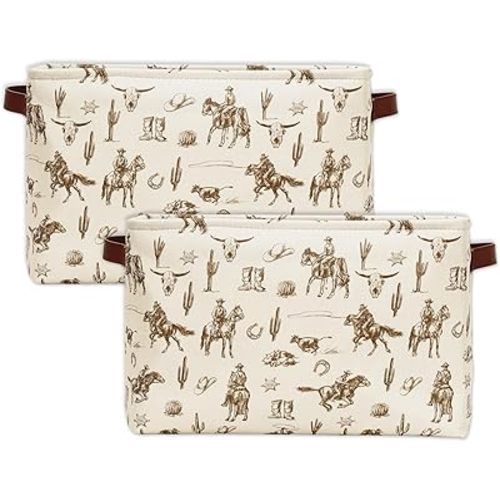2Pcs Western Cowboy Rectangle Storage Basket Brown Wild West Rodeo Open Toy Organizer Bag with Handle 15 x 10.2 x 9.4 Inch Large Laundry Dirty Cloth Storage Bin for Bedroom Closet