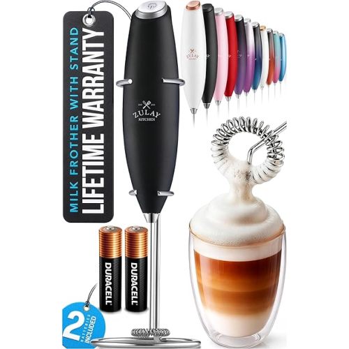 Zulay Kitchen Powerful Milk Frother Wand With Duracell Batteries - Ultra Fast Handheld Drink Mixer - Electric Whisk Foam Maker for Coffee, Lattes, Cappuccino & Matcha - Z1 Motor - Black
