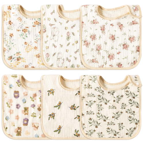 2ooya Colorful Snap Bib for Infants, Pure Cotton Baby Bib with Floral Sign for Toddlers, 6 Pieces