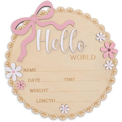 Hello World Wooden Baby Birth Announcement Sign, Pink Floral Newborn Name Date Time Weight Length Board, Baby Girl Nursery Decor Photo Prop Keepsake (Light Pink)