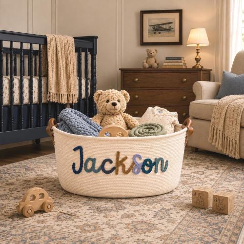 Personalized Handmade Basket • Baby Shower Gift • Toy Organizer • I-Cord Knitting Craft