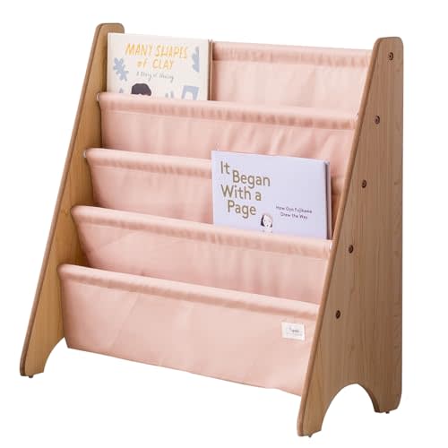 3 Sprouts Kids Bookshelf with Recycled Fabric - 4-Tier Sling Storage for Kids Rooms Holds 35 Titles - Toddler Organizer for Ages 3+ - Clay