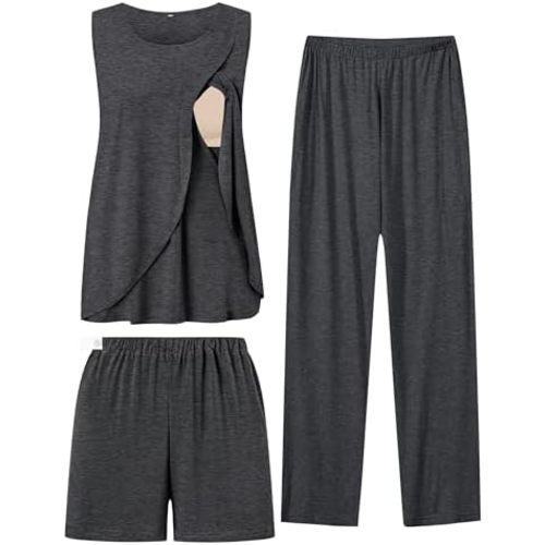 SWOMOG Women Maternity Pajama Set 3Pcs Nursing Pjs Sleeveless Pregnancy Set Breastfeeding Pjs Double Layer with Pockets