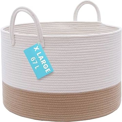 OrganiHaus Large Woven Storage Basket for Blankets and Toys 20" x 13" Inch, Rope Laundry Basket with Handles, Cushions & Pillows Storage Bin, Nursery Hamper, Soft Round Dog Toy Bin - Honey/Off-White